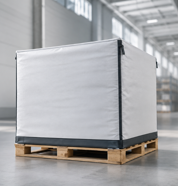 Pallet in a modern warehouse covered with a reusable pallet sock, representing secure, efficient, and sustainable logistics protection.